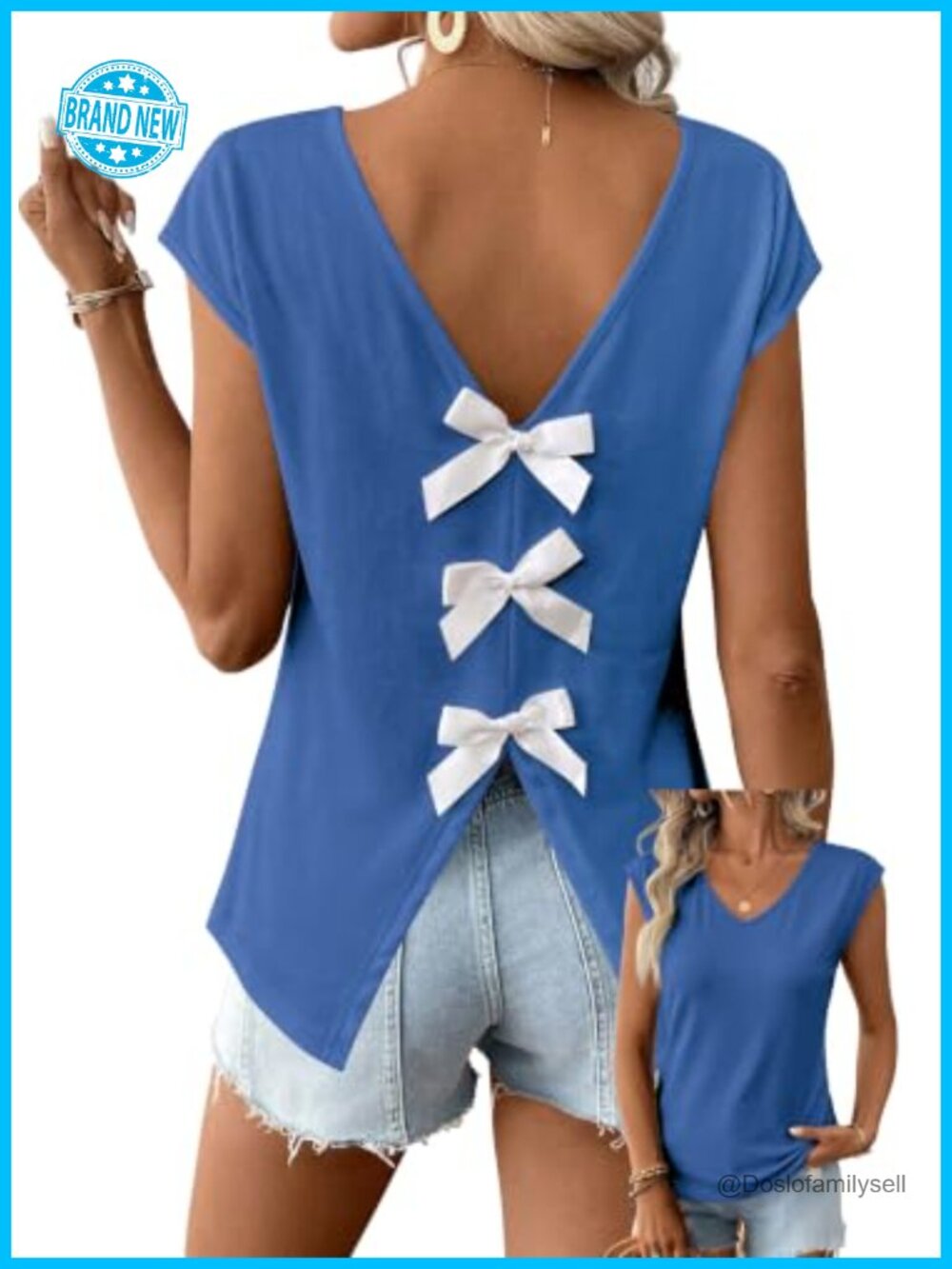 Womens Open Back Bow Tie Top V Neck Cap Sleeve Summer Shirt